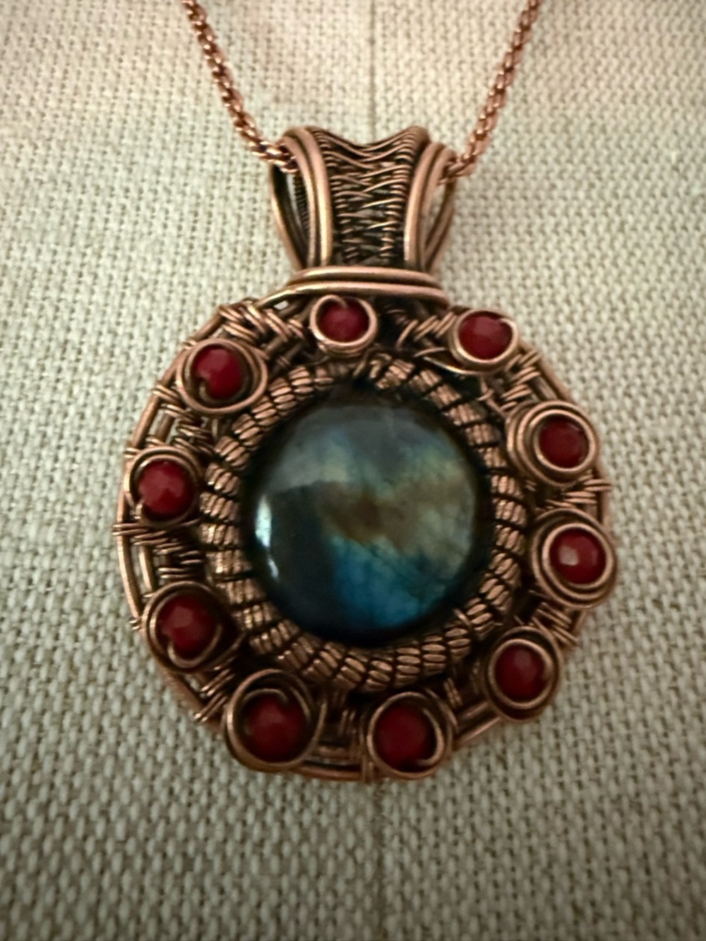 Handcrafted Copper Wire Labradorite Pendant with Red Accent Beads